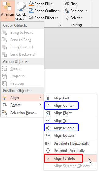 Align to Slide option selected within the Align sub-gallery Align to Slide option selected within the Align sub-gallery