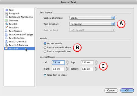 Text alignment options within the Format Text dialog box Text alignment options within the Format Text dialog box