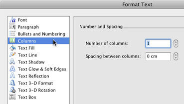Columns option within the Format Text dialog box Columns option within the Format Text dialog box