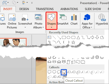 Callouts category within the Shapes drop-down gallery Callouts category within the Shapes drop-down gallery