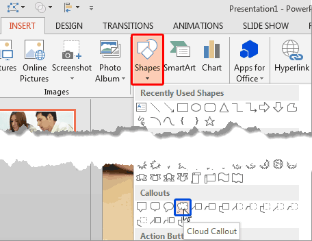 Callouts category within the Shapes drop-down gallery