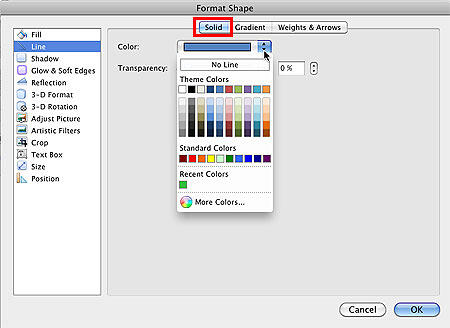 Solid tab selected within the Format Shape dialog box