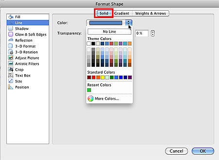 Solid tab selected within the Format Shape dialog box Solid tab selected within the Format Shape dialog box