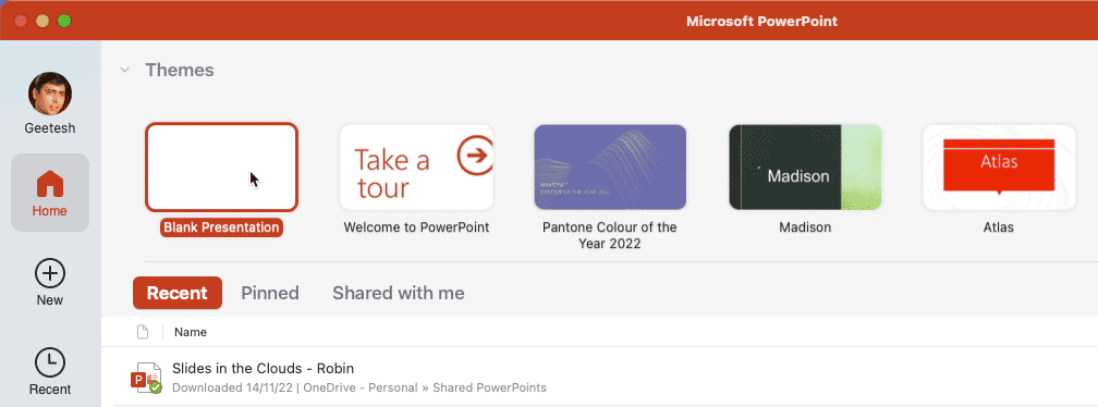 Blank Presentation option in Backstage view of PowerPoint 365 for Mac