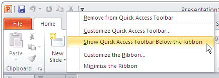 Show Quick Access Toolbar Below the Ribbon option