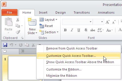 Customize Quick Access Toolbar option