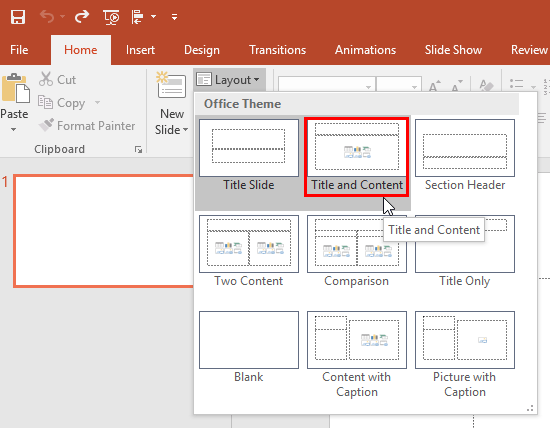 Title and Content layout selected in Layout gallery Title and Content layout selected in Layout gallery