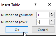 Insert Table dialog box Insert Table dialog box