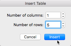 Insert Table dialog box Insert Table dialog box
