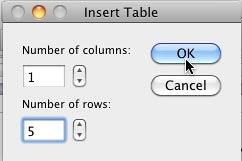 Insert Table dialog box Insert Table dialog box
