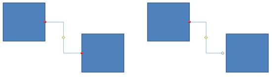 Attached connector ends have red circle handles, and unattached connector ends show a light blue circle handle