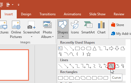 Drawing Curved Lines in PowerPoint 2016 for Windows