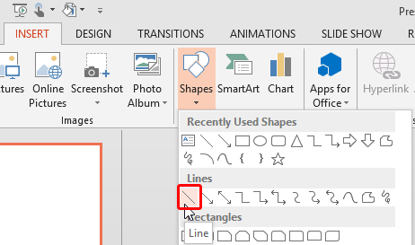 Line shape within Shapes drop-down gallery