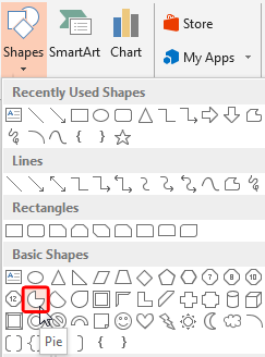 Pie shape within Shapes drop-down gallery