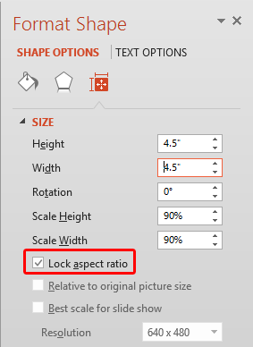Size values changed within the Format Shape task pane