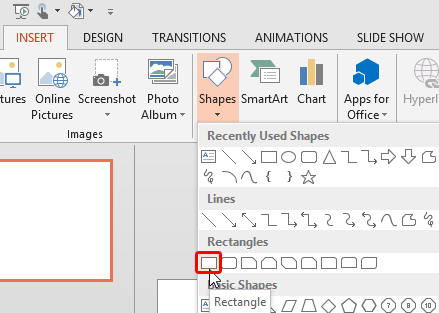 Rectangle shape selected within Shapes drop-down gallery