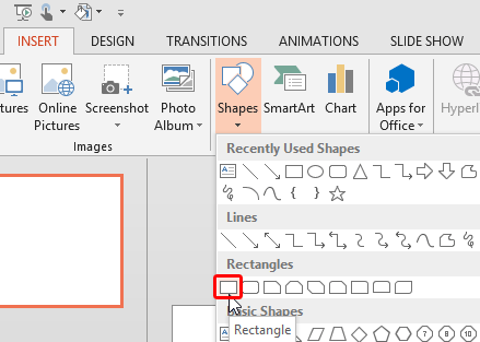 Rectangle shape selected within Shapes drop-down gallery Rectangle shape selected within Shapes drop-down gallery
