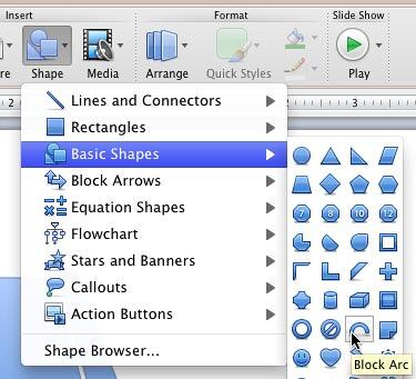 Block Arc selected within Basic Shapes sub-gallery Block Arc selected within Basic Shapes sub-gallery