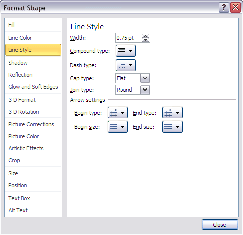 Line formatting options in Format Shape dialog box