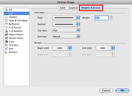 Line formatting options within Format Shape dialog box