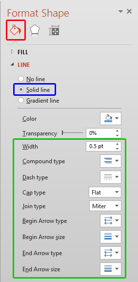 Line formatting options within Format Shape Task Pane