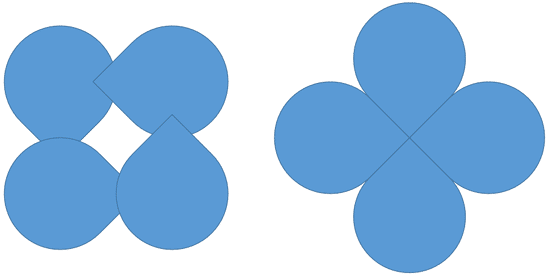 Rotation of 45 degrees applied to individual shapes (on the left) and a group (on the right)