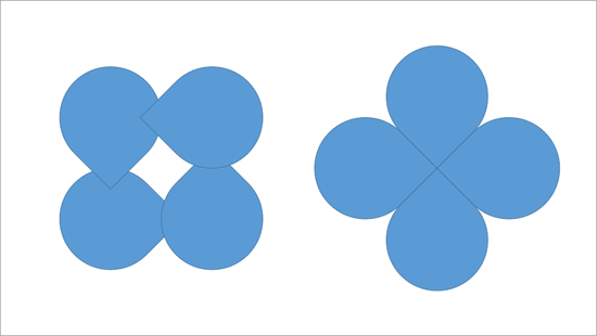 Rotation of 45 degrees applied to individual shapes (on the left) and a group (on the right)