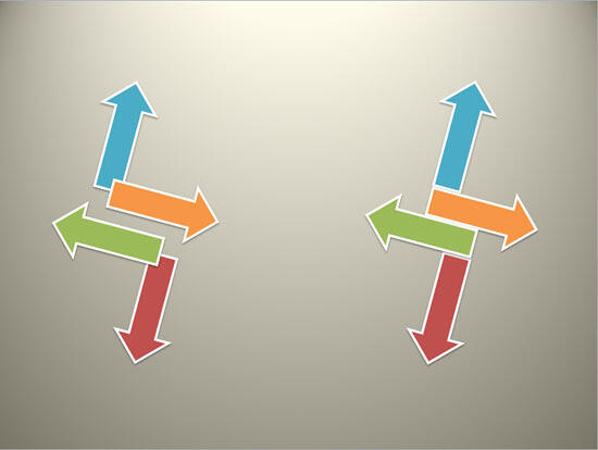 Rotation of 15% degrees applied to individual shapes (on the left) and a group (on the right)