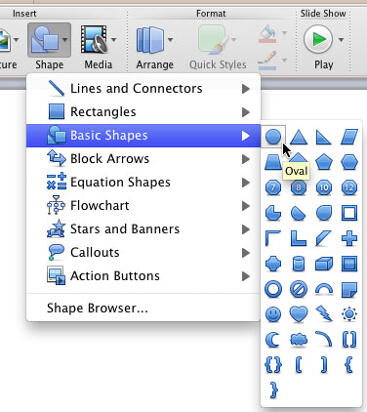 Oval shape selected in the Basic Shapes sub-menu of the Shape gallery Oval shape selected in the Basic Shapes sub-menu of the Shape gallery