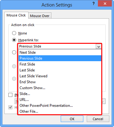 Hyperlink to drop-down menu within the Action Settings dialog box