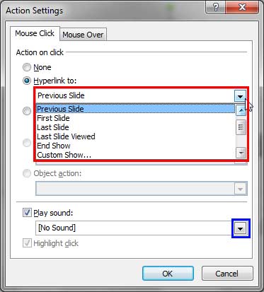 Drop-down menu options for Hyperlink to within the Action Settings dialog box