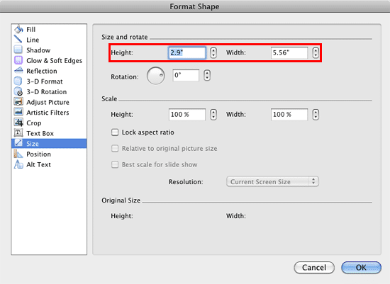 Format Shape dialog box includes Height and Width values