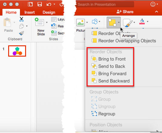 Order Objects options let you reorder slide objects