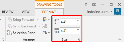 The Drawing Tools Format tab includes the Size group