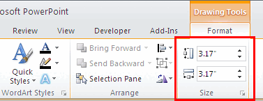 The Drawing Tools Format tab includes the Size group