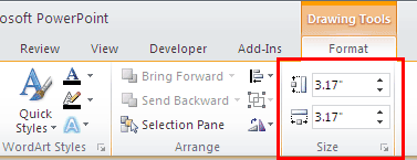 The Drawing Tools Format tab includes the Size group The Drawing Tools Format tab includes the Size group