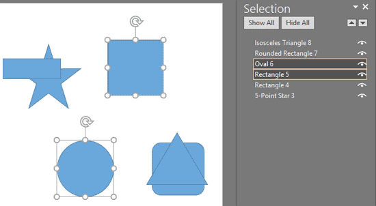 Two shapes selected in Pane and on the slide