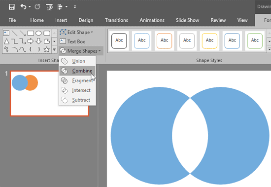 Previously selected shapes are Combined