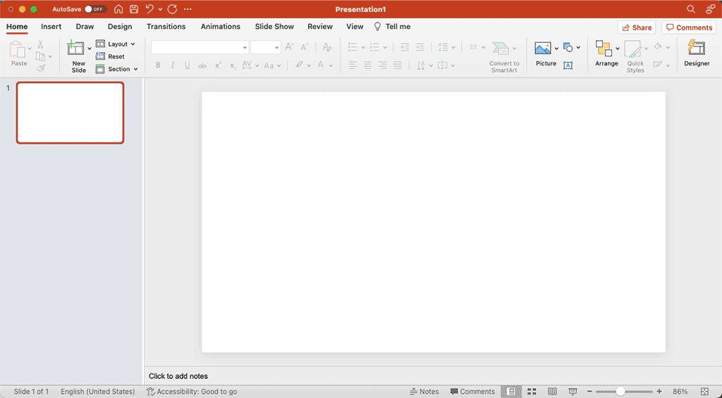 Slide with Blank layout in PowerPoint 365 for Mac