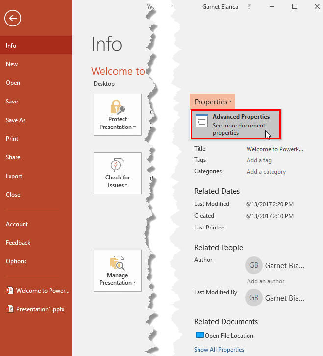 Properties drop-down list