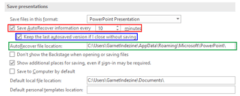AutoRecover and AutoSave Options in PowerPoint 2016 for Windows