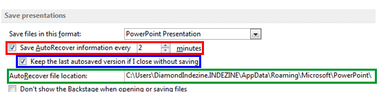 AutoRecovery options within the PowerPoint Options dialog box