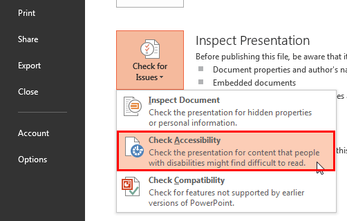 Check Accessibility option selected within the Check for Issues drop-down menu