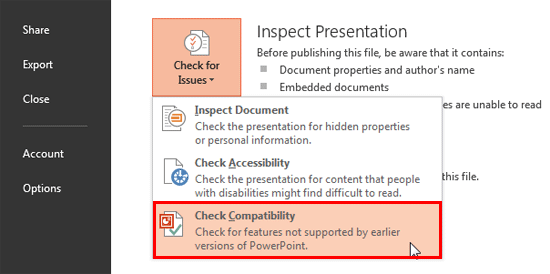 Check Compatibility option selected within the Check for Issues drop-down menu
