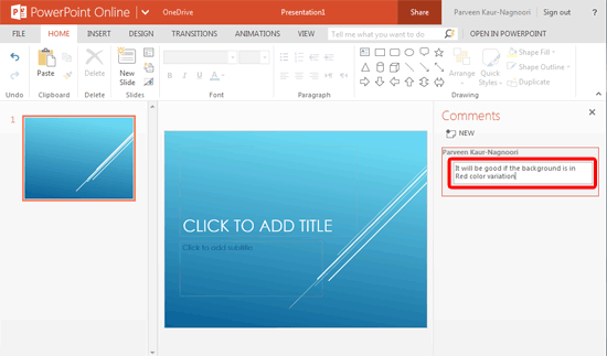 Comment added to presentation within PowerPoint Online