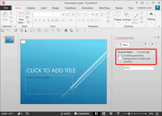 Comment can be seen within the PowerPoint desktop application