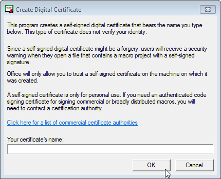 Create Digital Certificate dialog box