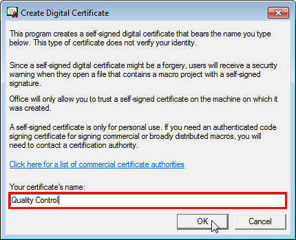 Name of the certificate typed in