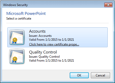 List of certificates within the Windows Security window