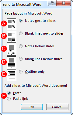 Send to Microsoft Word dialog box